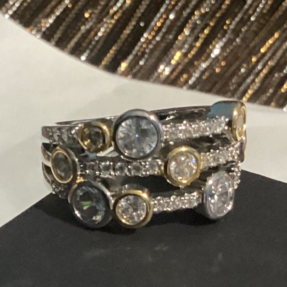🌻 Sparkly Gold and Silver Tone  CZ Bubble Wide Band Ring